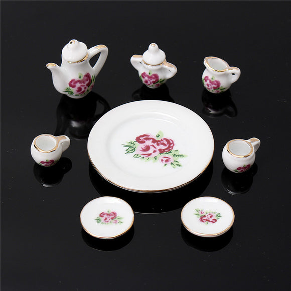 Modern 1:12 8Pcs Porcelain Ceramic Dollhouse Miniature Cup Saucers Tea Set Dish Simulation Tableware Playhouse Props Ornaments