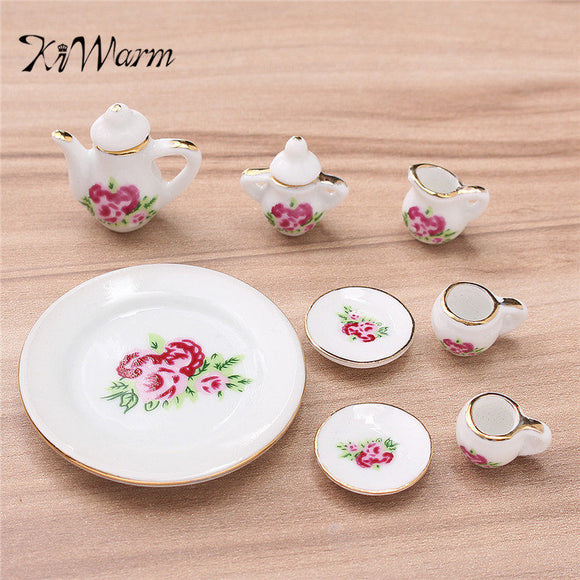 KiWarm 1:12 8Pcs Porcelain Ceramic Dollhouse Miniature Cup Saucers Tea Set Dish Simulation Tableware Playhouse Props Ornaments